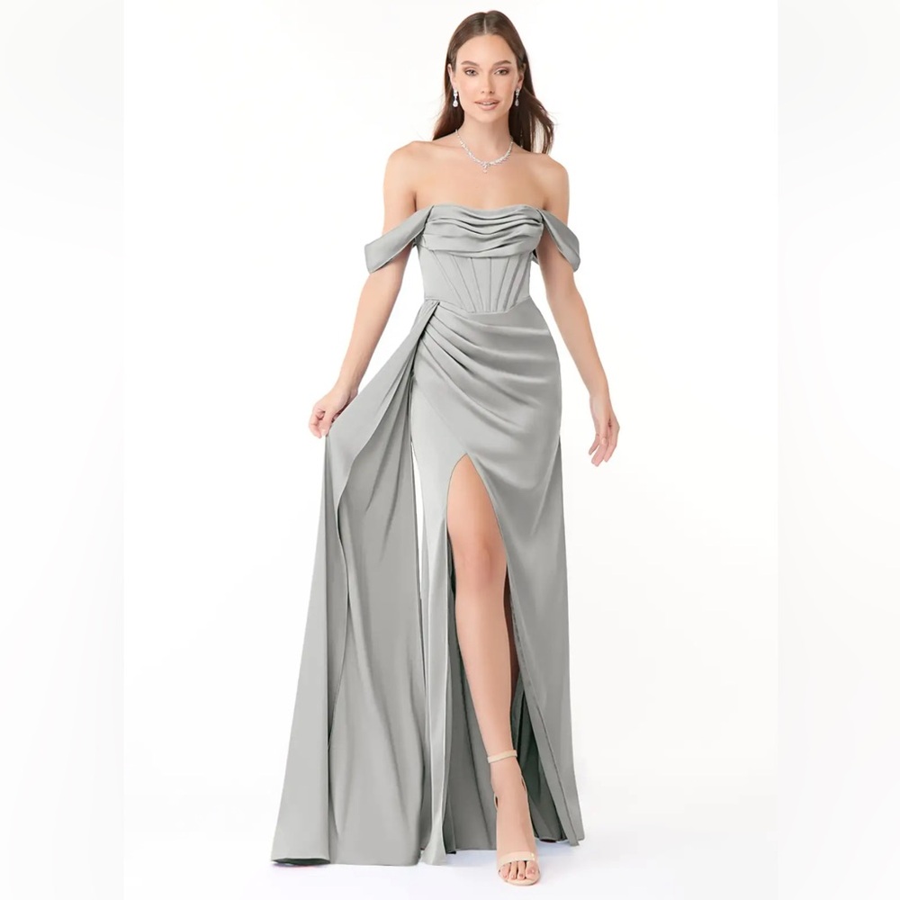 Azazie Amyra Silver Stretch Satin Dress